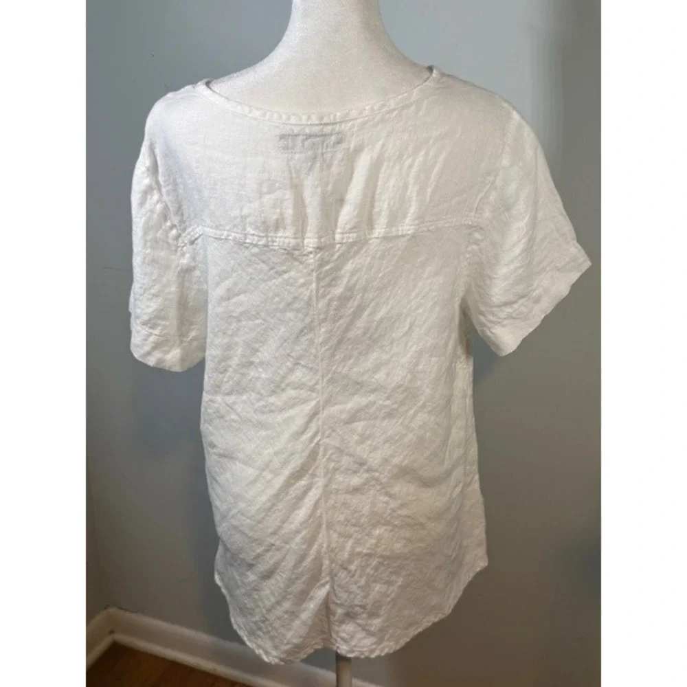 FLAX I Am Forever Young Linen Top S White NWT Short Sleeve Side Slits Lithuania